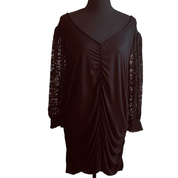 Torrid Super Soft Mini Dress 3X Black Lace V-Neck Ruched Long Sleeve Whimsigoth - Picture 1 of 6